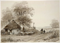 Z 067-03
<br/>
Landschap met boerderijtje en wandelende vrouw met kind
<br/>
<em>Schelfhout, Andreas (1787-1870)</em>
